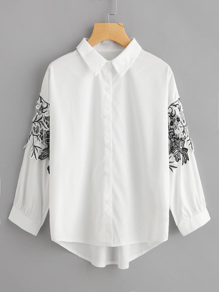 Shein Hollow Out Crochet Lace Panel Dip Hem Shirt