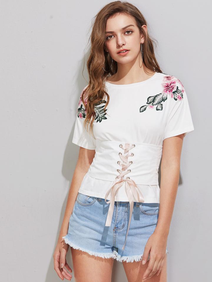 Shein Lace Up Corset Belt Detail Flower Patch T-shirt