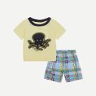 Shein Boys Octopus Patched Tee With Tartan Plaid Shorts