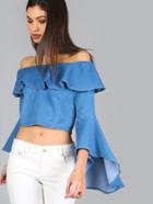 Shein Denim Ruffle Bell Sleeve Zip Back Crop Top