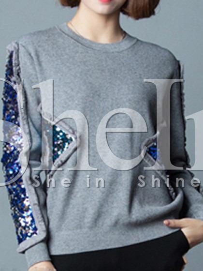 Shein Grey Crew Neck Contrast Sequined Sweatshirt