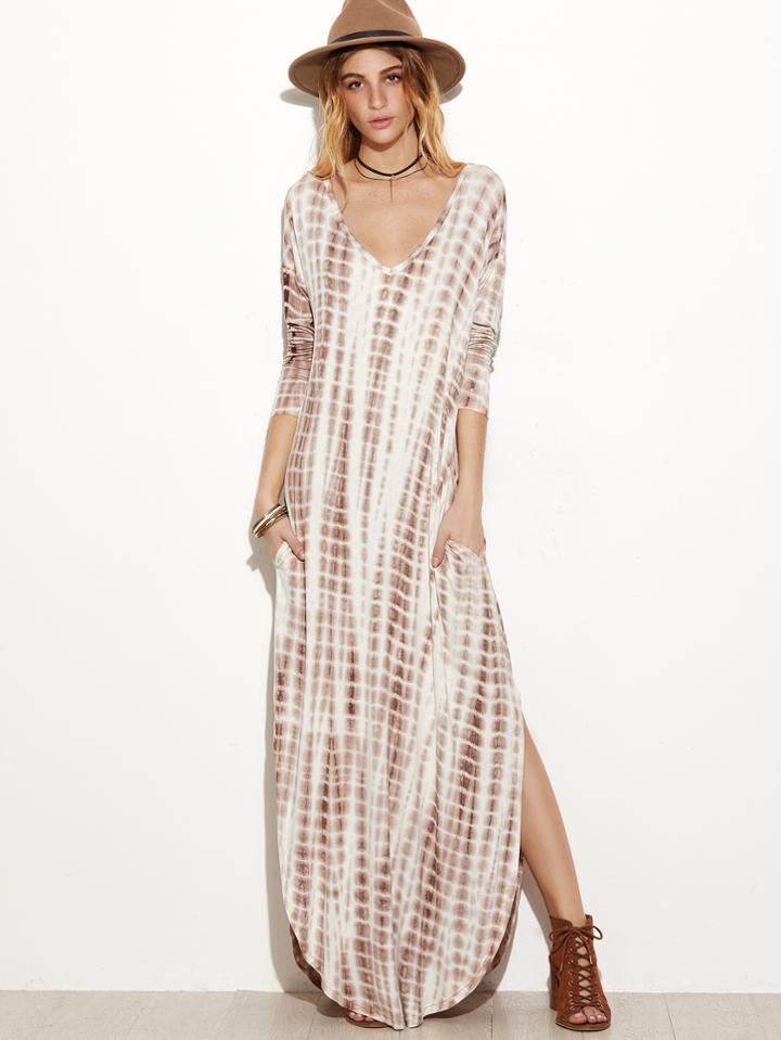 Shein Brown Tie Dye Print Deep V Neck Curved Hem Dress