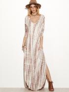 Shein Brown Tie Dye Print Deep V Neck Curved Hem Dress