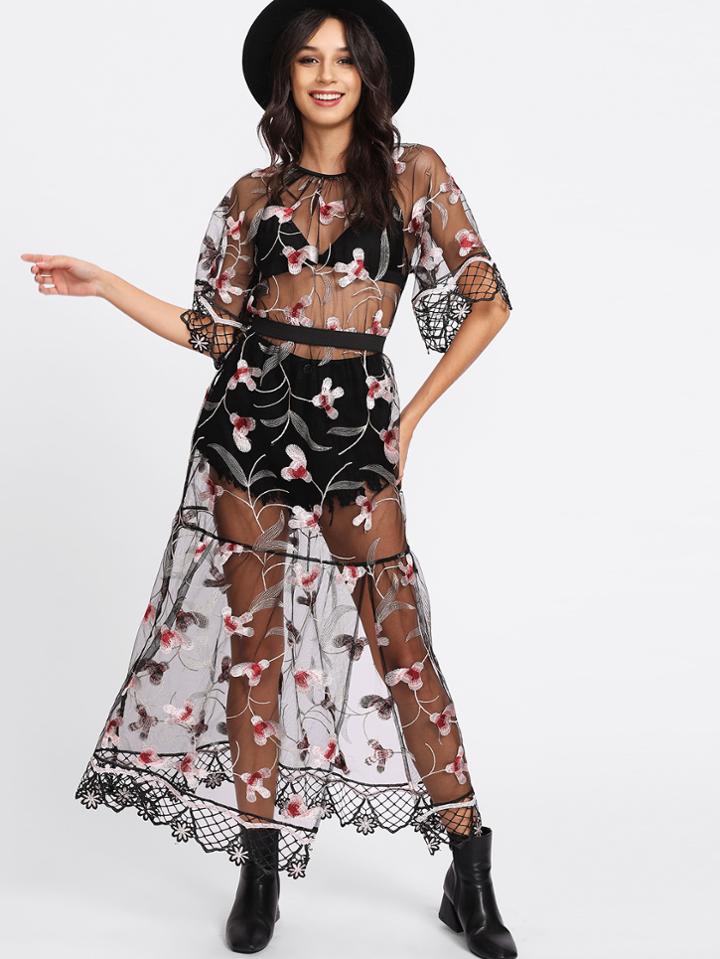 Shein Split Scalloped Laser Cut Trim Embroidery Mesh Dress