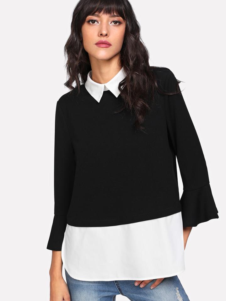 Shein Contrast Collar And Hem Flounce Sleeve Top