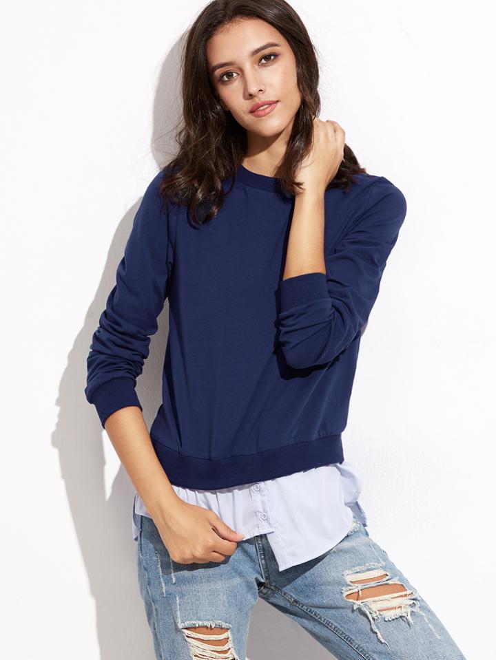 Shein Navy Asymmetric Shirt Hem 2 In 1 Sweatshirt
