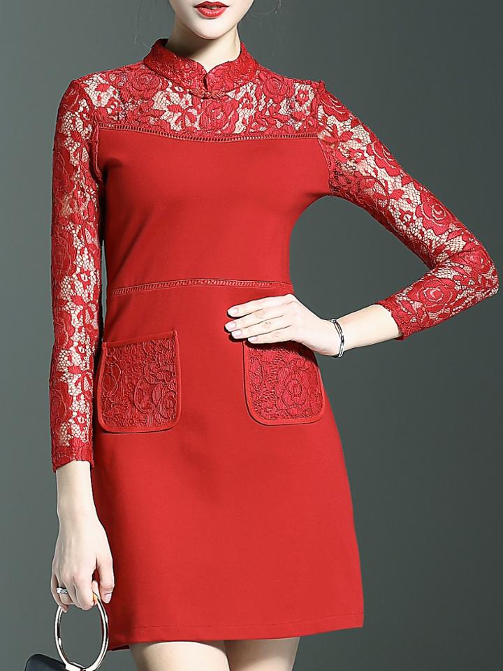 Shein Red Collar Pockets Sheath Lace Dress