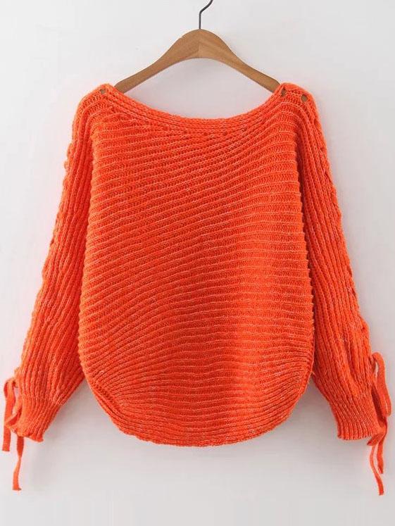 Shein Orange Ribbed Lace Up Sleeve Loose Sweater