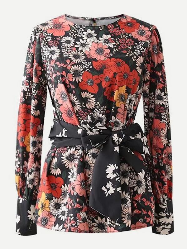 Shein Calico Print Self Tie Blouse