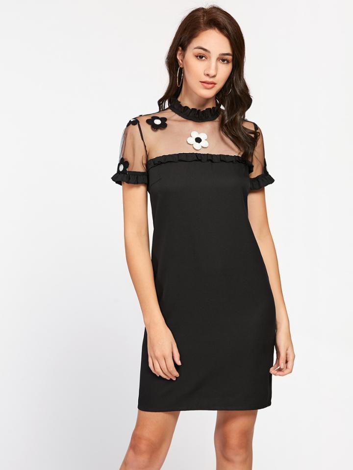 Shein Embroidered Mesh Yoke Frilled Dress
