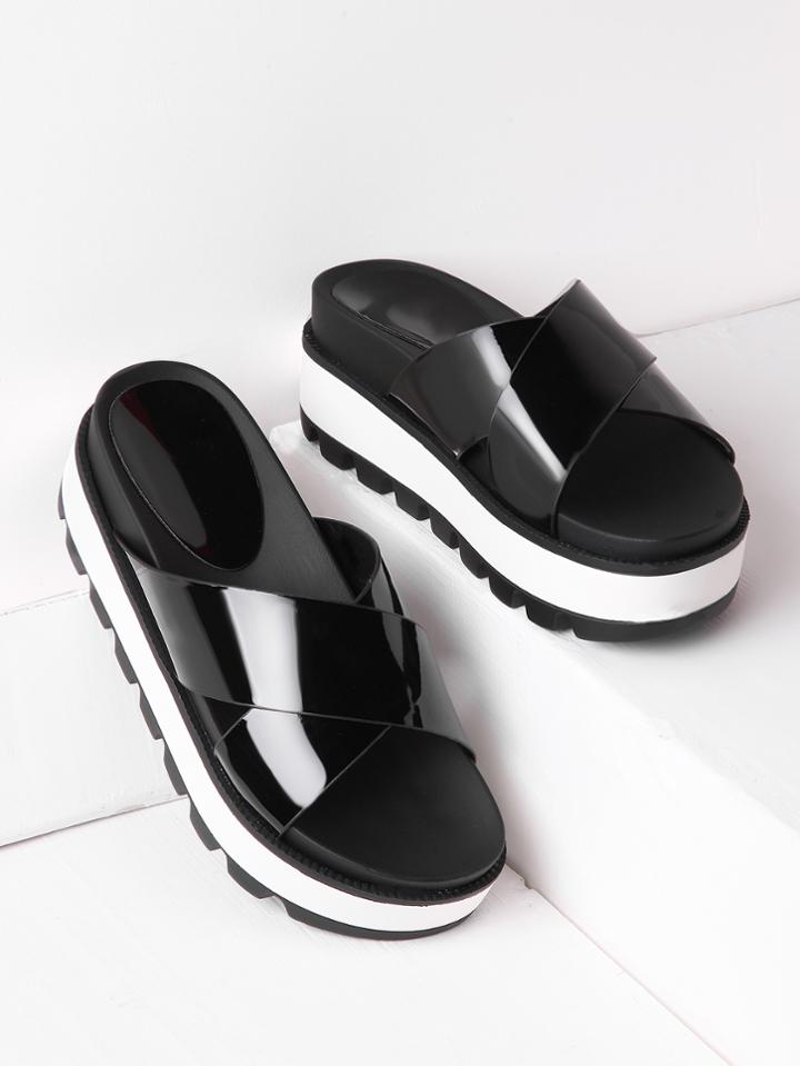 Shein Criss Cross Patent Leather Flatform Slides