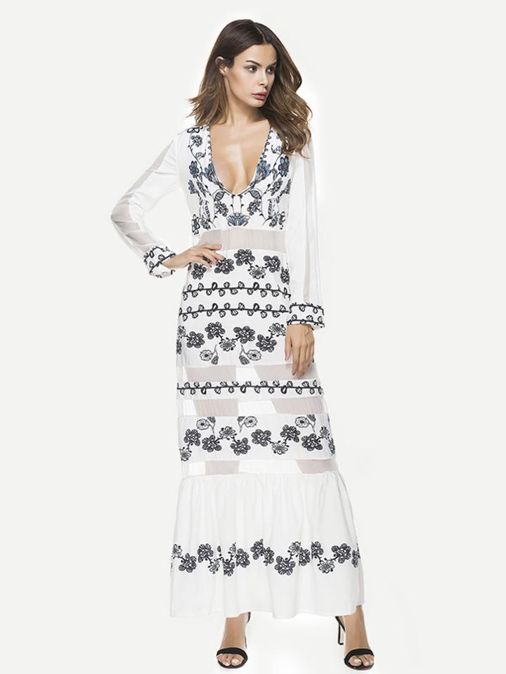 Shein Plunging Mesh Panel Frill Hem Florals Dress