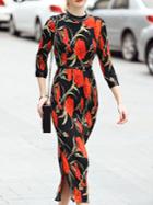 Shein Black Contrast Pu Floral Print Pleated Belted Dress