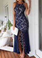 Rosewe Open Back Front Slit Navy Blue Lace Maxi Dress
