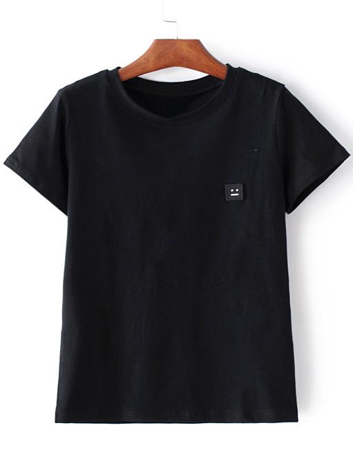 Shein Black Short Sleeve Smiley Face Patch T-shirt