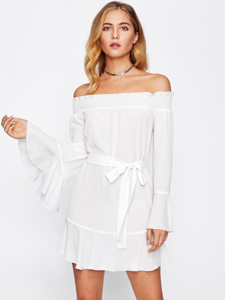 Shein Shirred Bardot Flute Sleeve Frill Trim Dress
