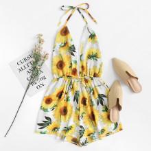 Shein Sunflower Print Drawstring Waist Halter Romper
