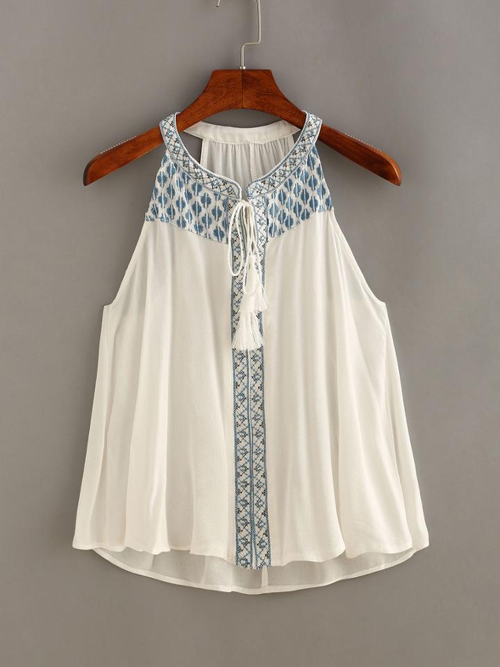 Shein Embroidered Halter Neck Tassel-tie Tank Top