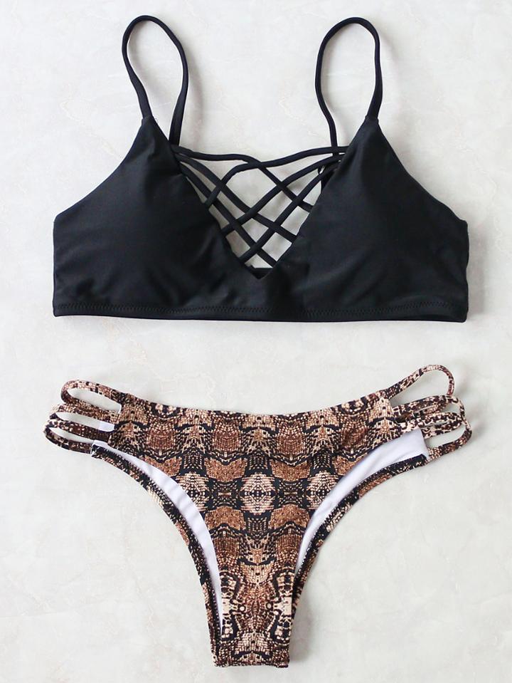 Shein Black Leopard Criss Cross Sexy Bikini Set