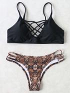 Shein Black Leopard Criss Cross Sexy Bikini Set