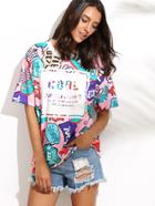 Shein Patchwork Round Neck Letters Print T-shirt