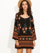 Shein Black Flower Print Bell Sleeve Tunic Dress