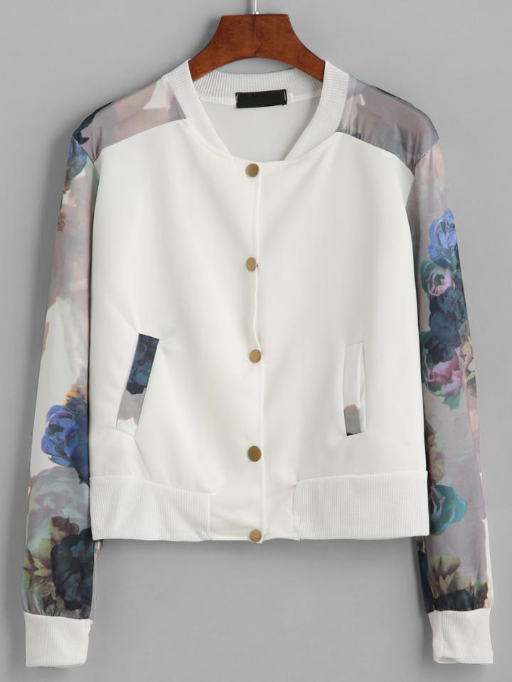 Shein White Flower Print Contrast Sleeve Jacket