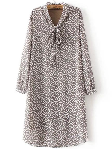 Shein Grey Tie Collar Floral Loose Dress
