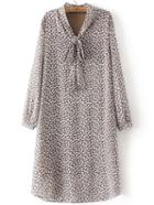 Shein Grey Tie Collar Floral Loose Dress