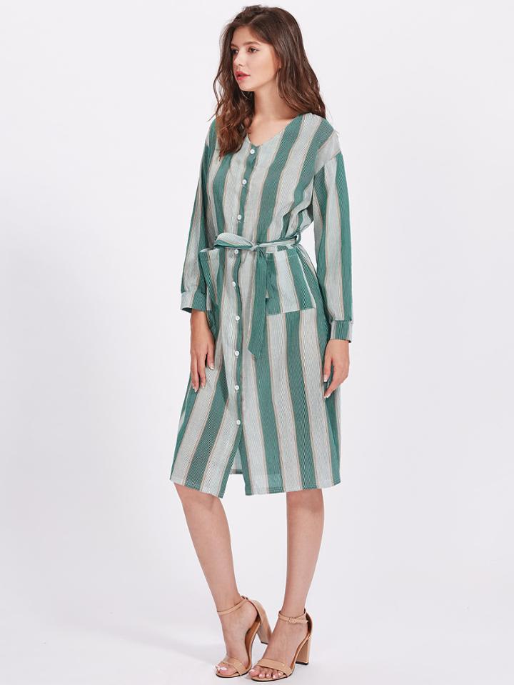 Shein Block Striped Self Tie Shirt Dress