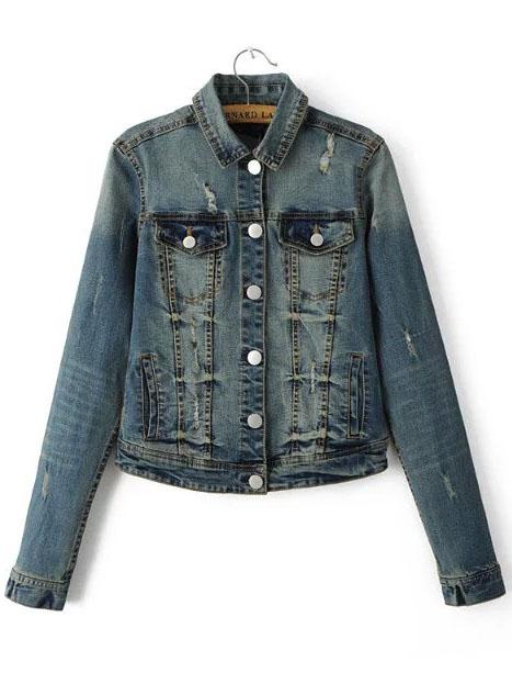Shein Blue Single Breasted Ripped Denim Jacket