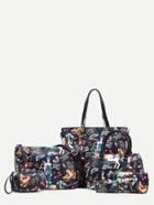 Shein Black Fashion Girl Print 6pcs Bag Set