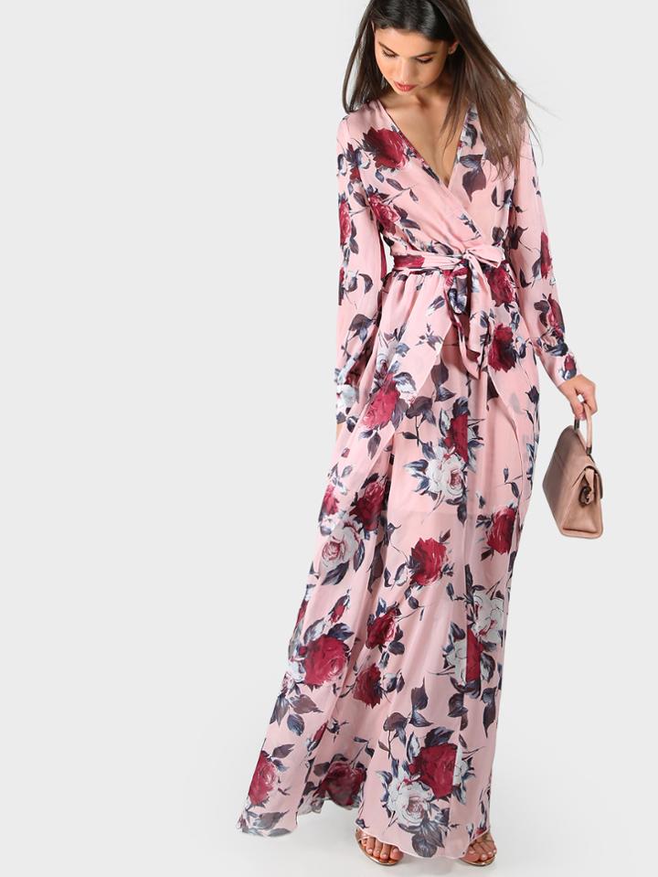 Shein Flower Print Long Cuff Sleeve Surplice Wrap Dress