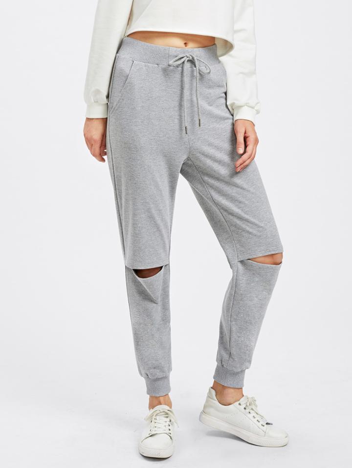 Shein Knee Cutout Heathered Drawstring Sweatpants