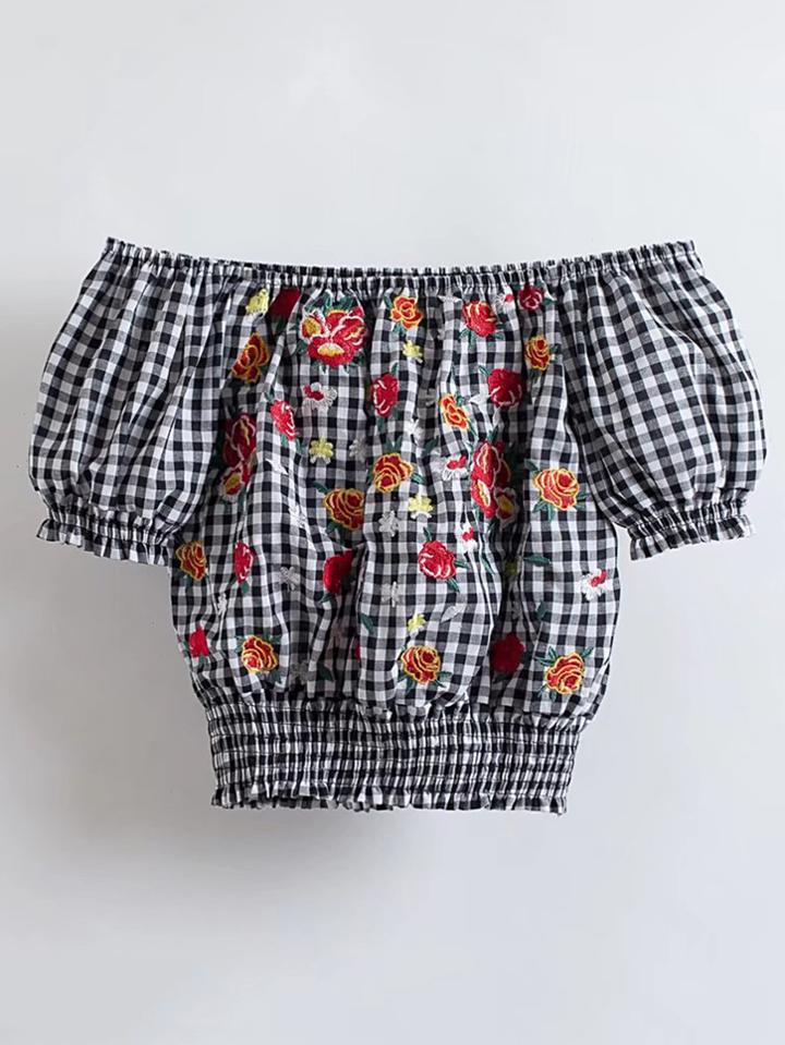 Shein Bardot Shirred Hem Checkered Crop Top