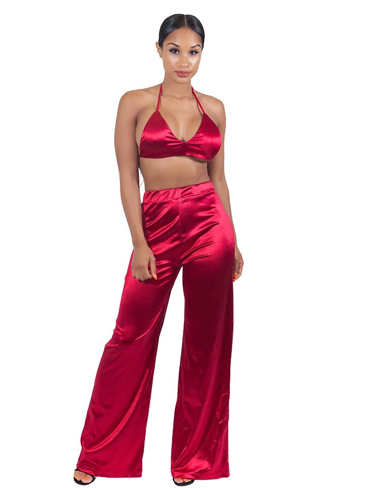 Shein Satin Halter Triangle Bra With Wide Leg Pants