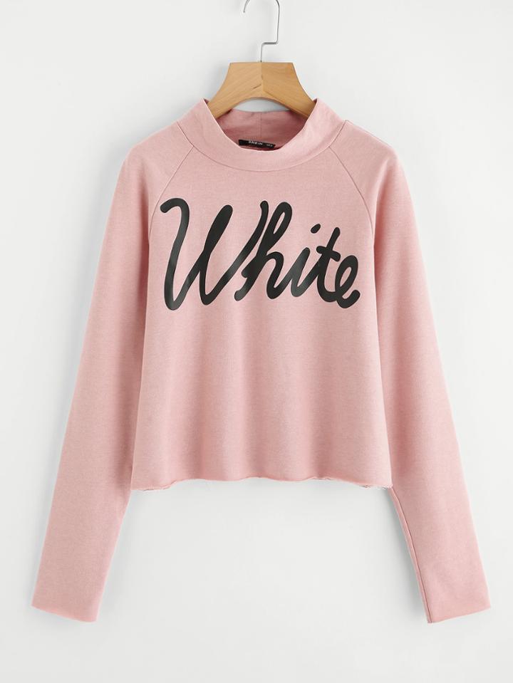 Shein Raglan Sleeve Raw Cut Trim Print Pullover