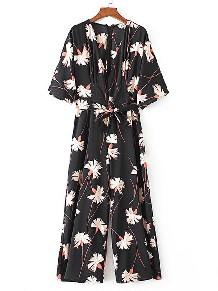 Shein Plunging V-neckline Tie Waist Jumpsuit