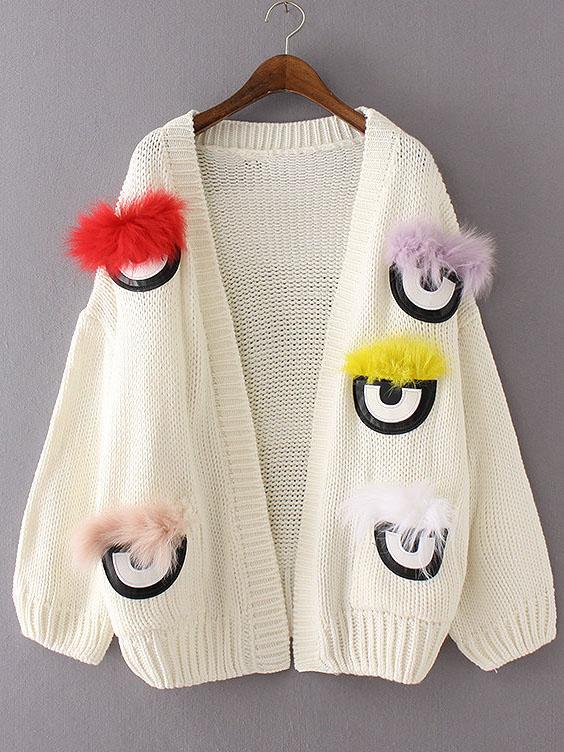 Shein White Feather Eye Embellished Sweater Coat