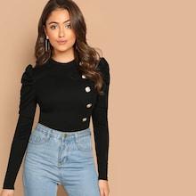Shein Button Front Leg-of-mutton Sleeve Tee