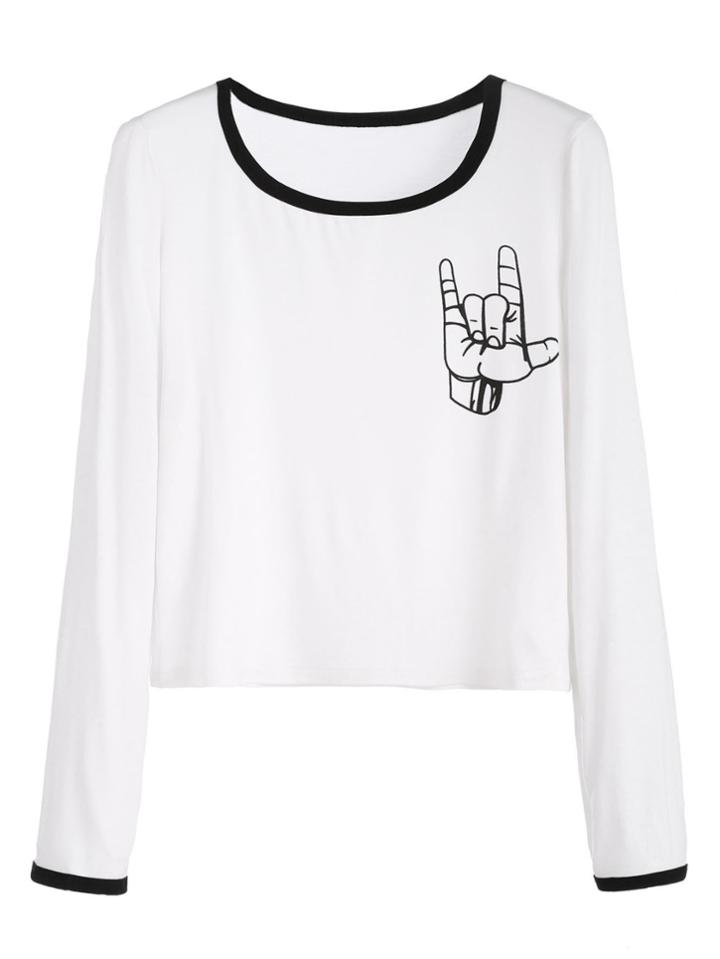 Shein White Gesture Print Crop Ringer T-shirt