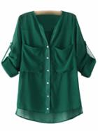 Shein Green V Neck Buttons Large Pockets Blouse