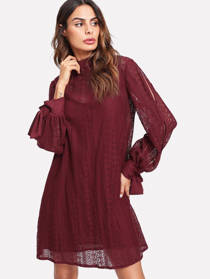 Shein Tie Cuff Split Sleeve Lace 2 In 1 Dress