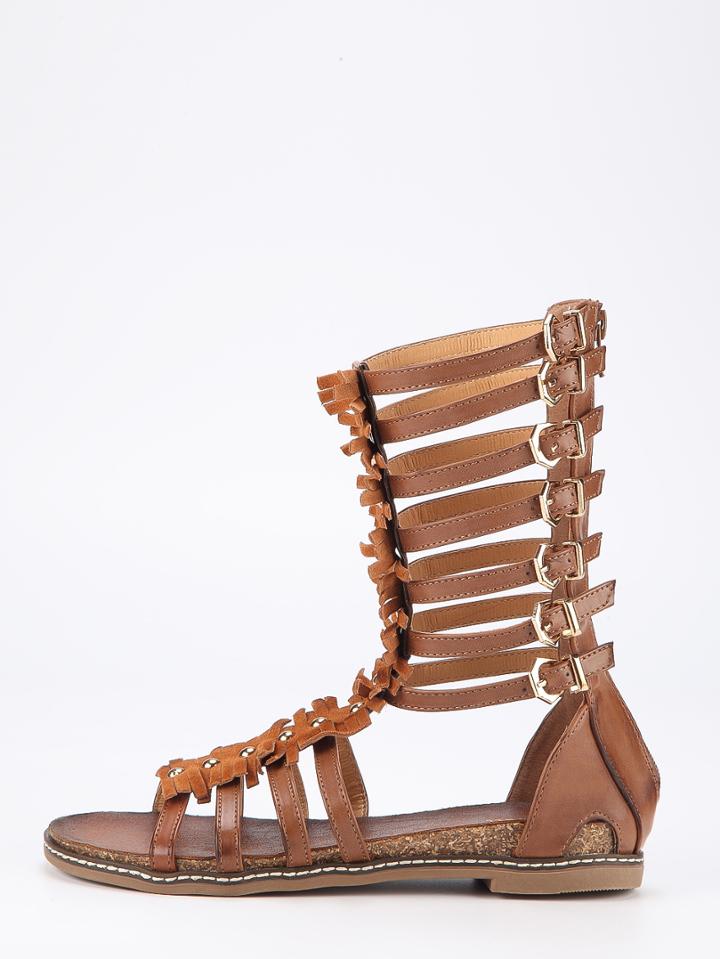 Shein Camel Frills Beaded Tall Sandals