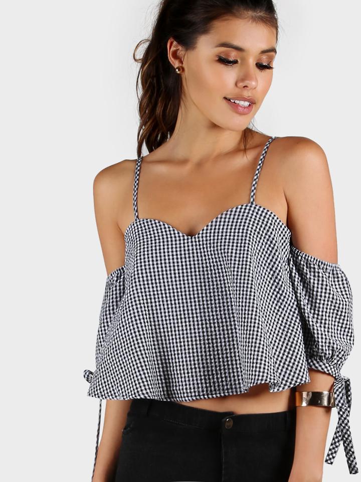 Shein Tie Sleeve Trapeze Gingham Top