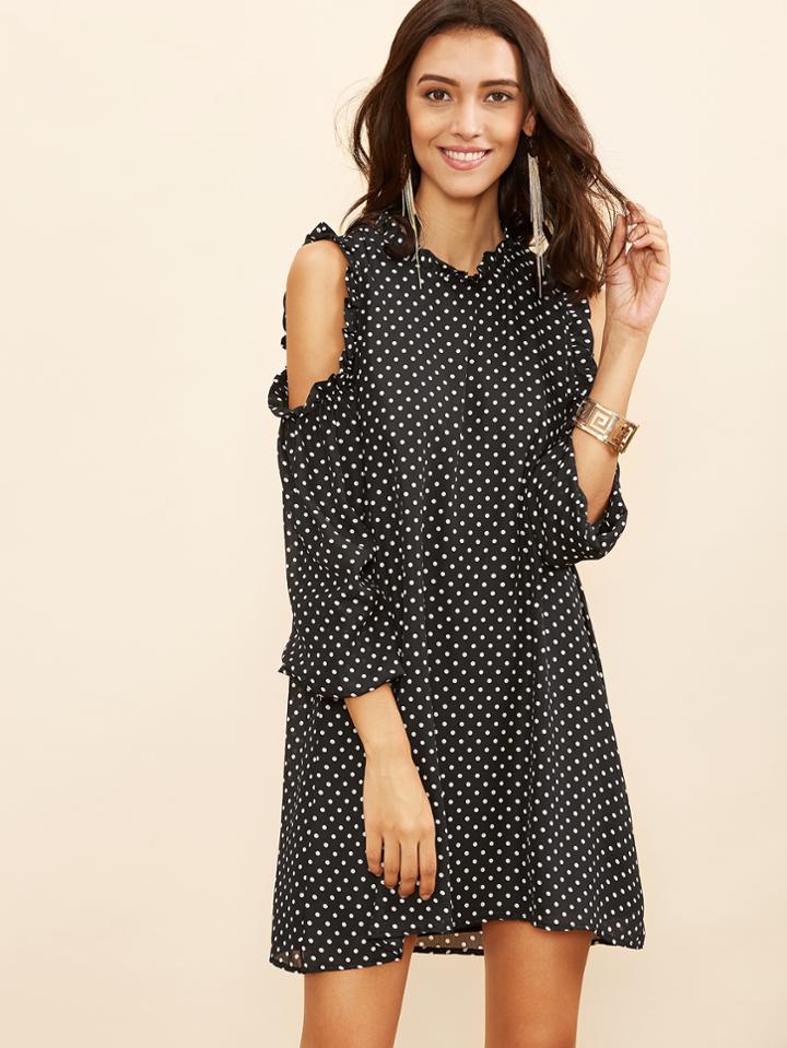 Shein Black Polka Dot Open Shoulder Keyhole Back Ruffle Dress