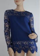 Rosewe Long Sleeve Lace And Chiffon Splicing Blue Top
