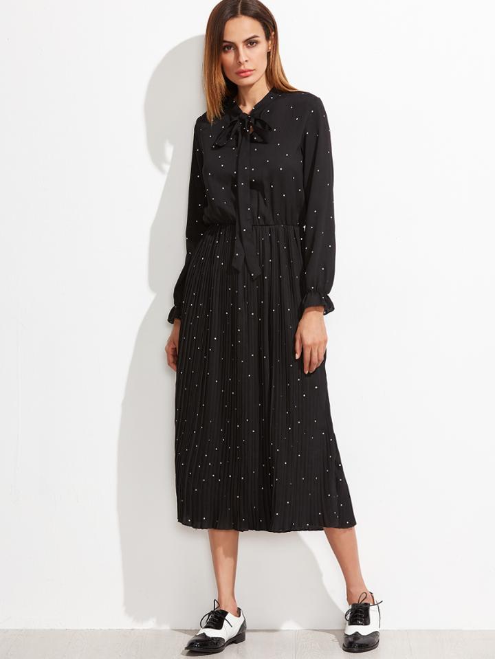 Shein Black Polka Dot Bow Tie Neck Pleated Dress