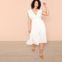 Shein Plus Plunging Neck Ruffle Armhole Self Belted Dress