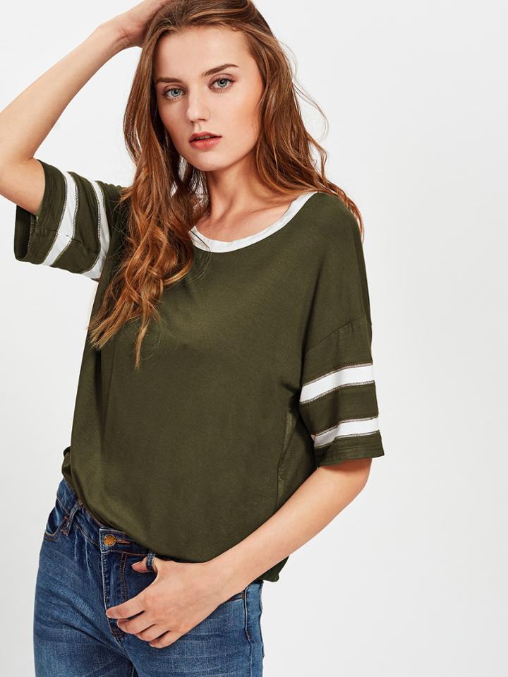 Shein Contrast Neck Drop Shoulder Striped Sleeve Tee